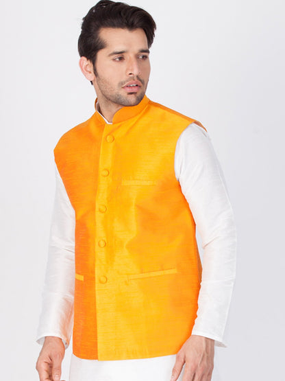 Men's Orange Cotton Silk Blend Ethnic Jacket