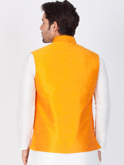 Men's Orange Cotton Silk Blend Ethnic Jacket