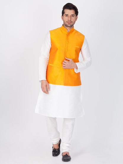 Men's Orange Cotton Silk Blend Ethnic Jacket
