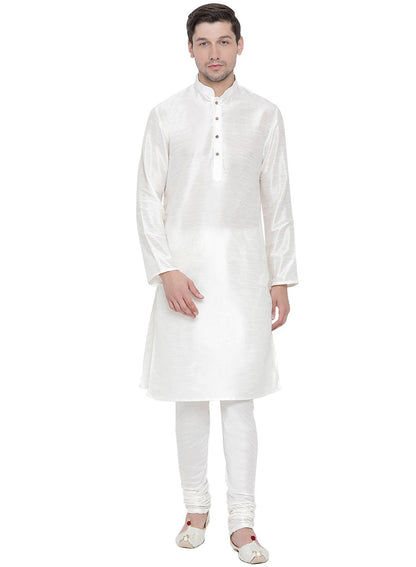 Men's White Cotton Silk Blend Kurta and Pyjama Set