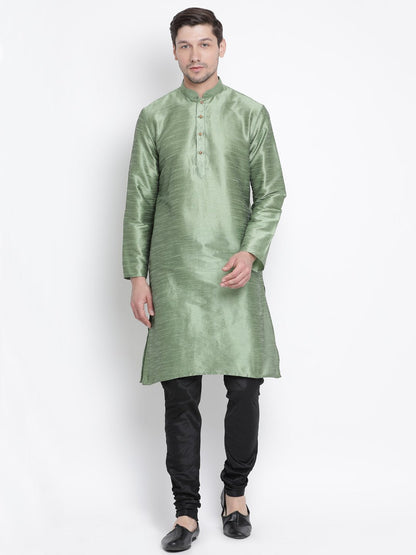 Men's Light Green Cotton Silk Blend Kurta