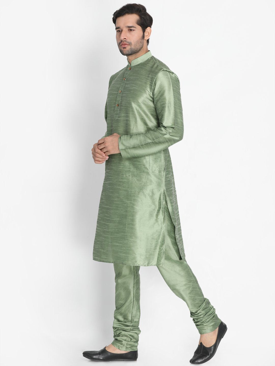 Men's Light Green Cotton Silk Blend Kurta and Pyjama Set