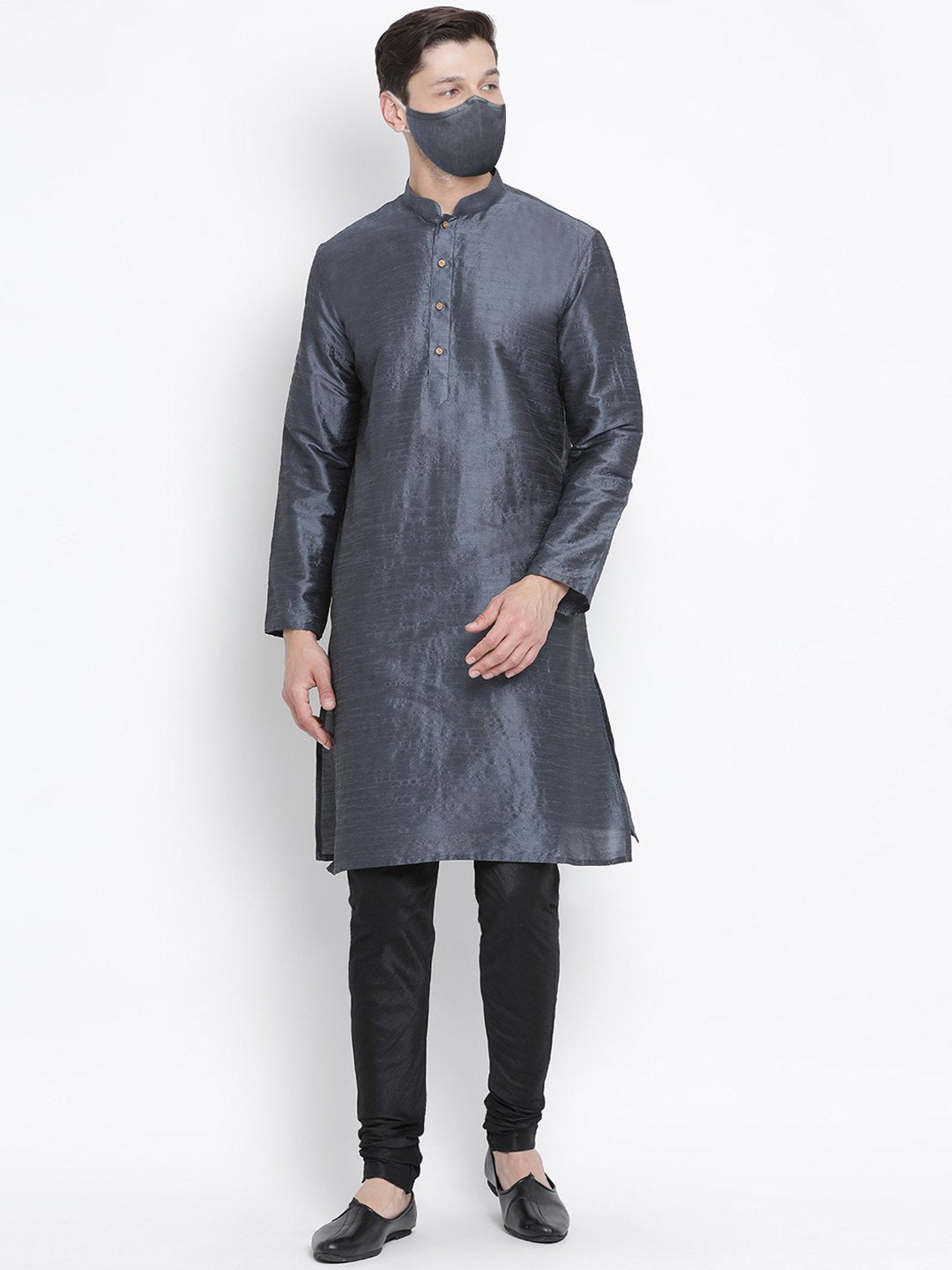 Men's Grey Cotton Silk Blend Kurta and Pyjama Set