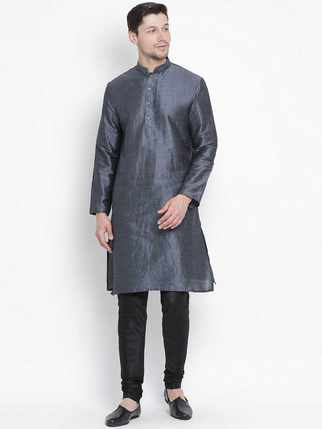 Men's Grey Cotton Silk Blend Kurta and Pyjama Set