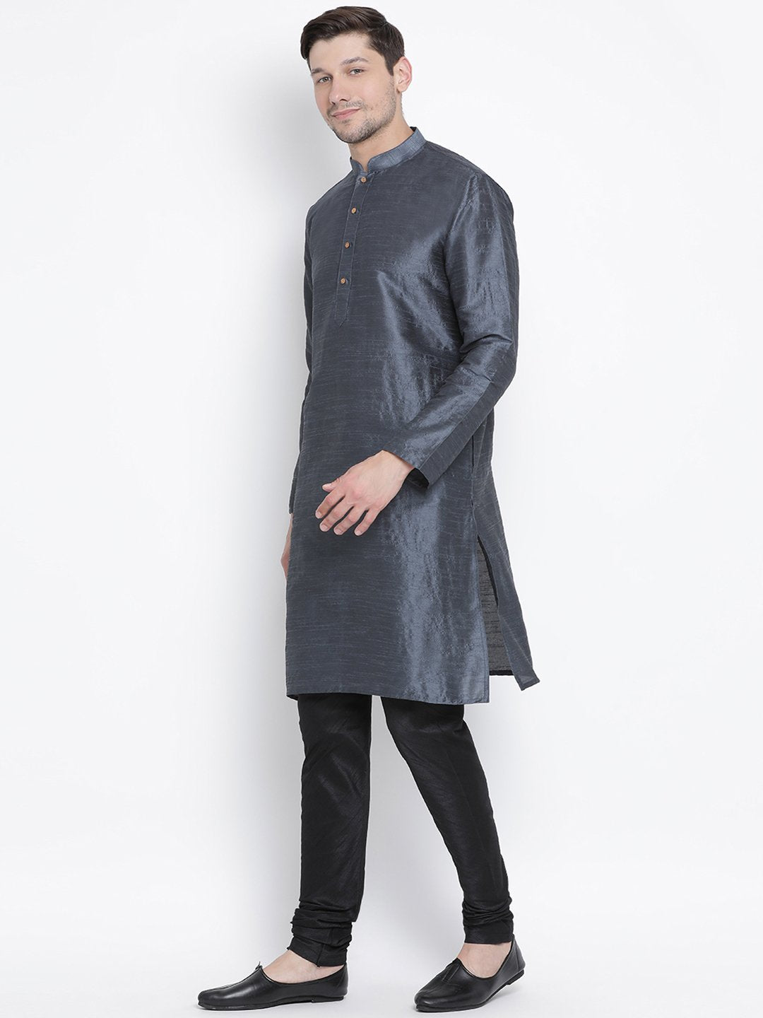Men's Grey Cotton Silk Blend Kurta and Pyjama Set