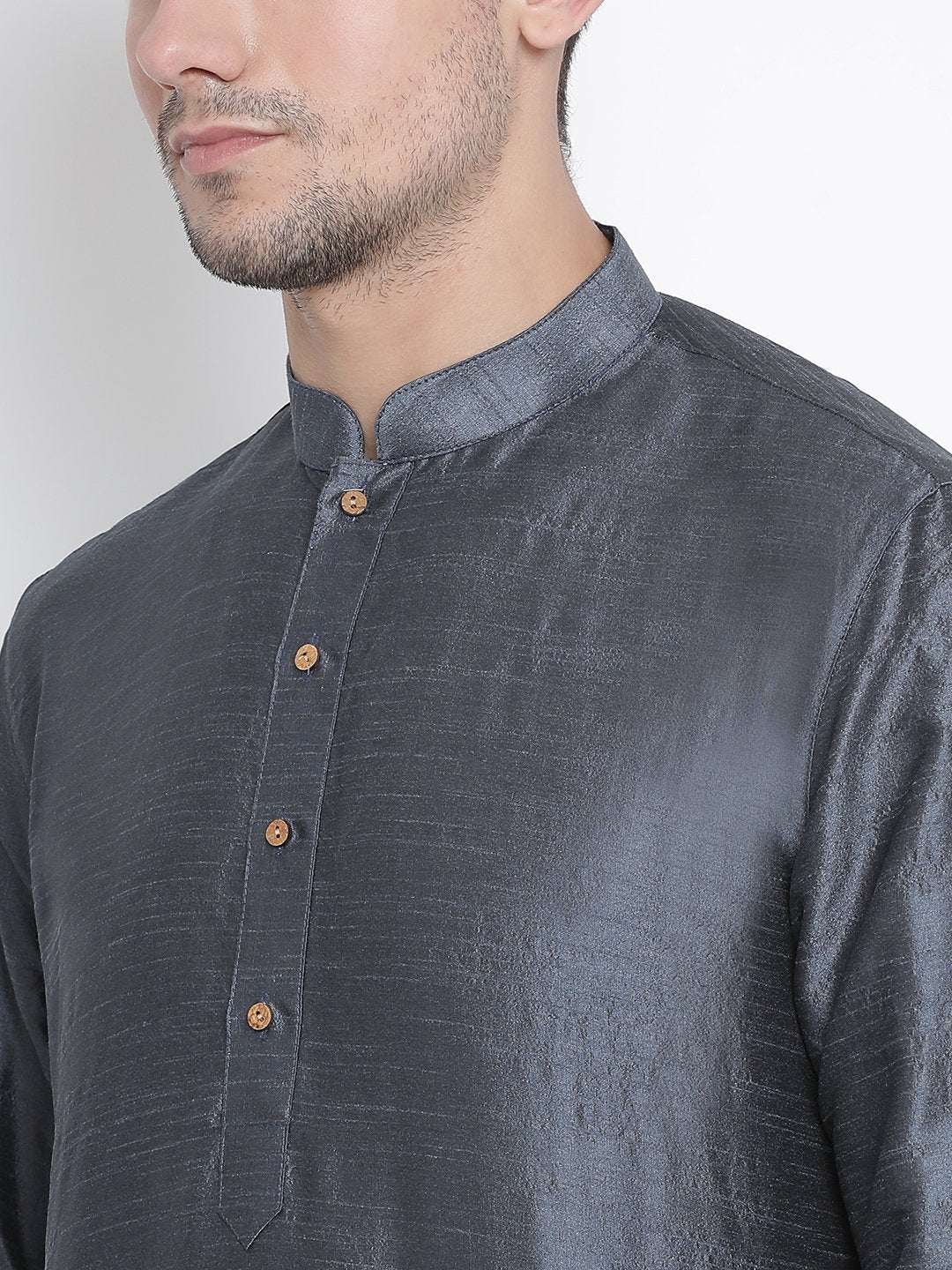 Men's Grey Cotton Silk Blend Kurta and Pyjama Set