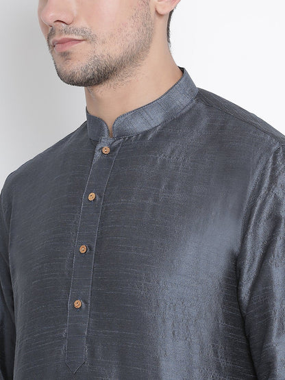 Men's Grey Cotton Silk Blend Kurta and Pyjama Set