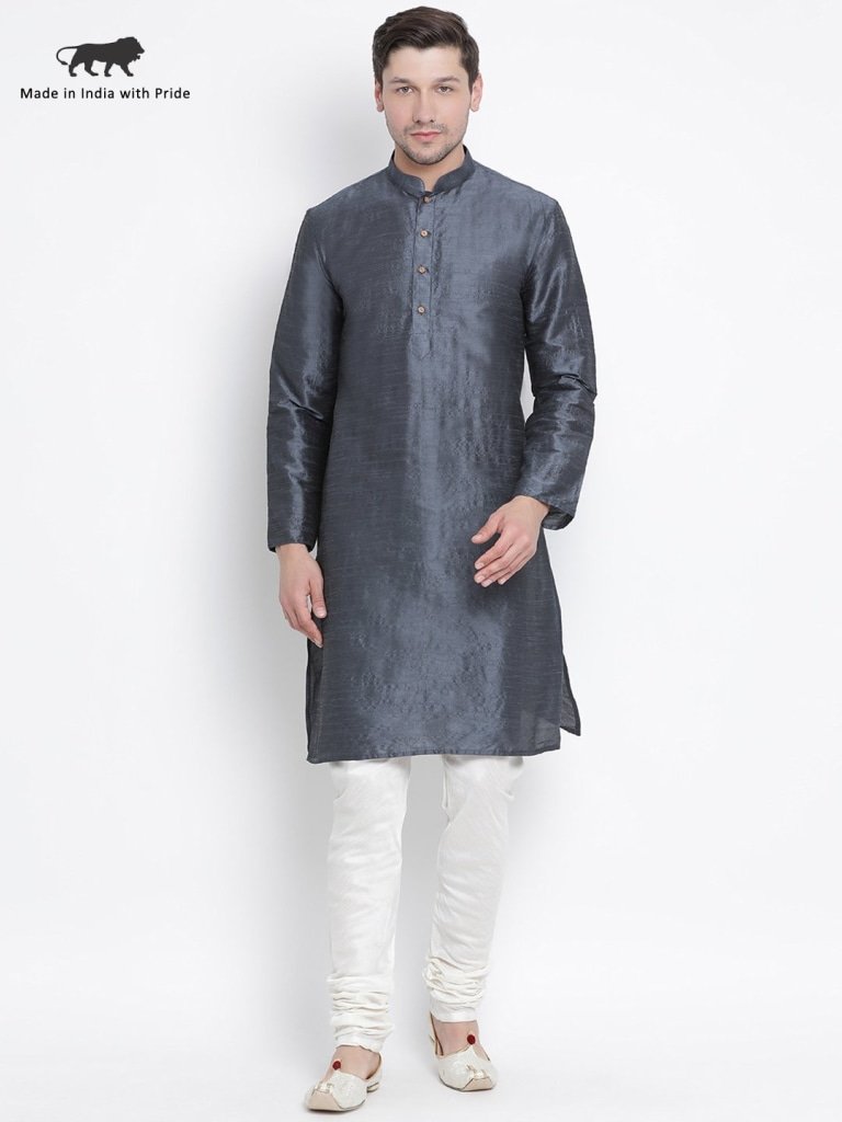 Men's Grey Cotton Silk Blend Kurta and Pyjama Set