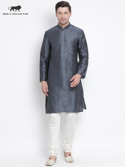 Men's Grey Cotton Silk Blend Kurta and Pyjama Set