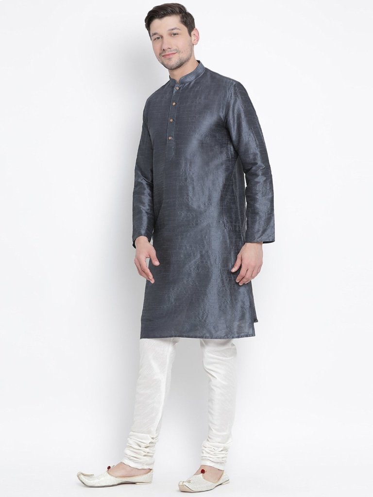 Men's Grey Cotton Silk Blend Kurta and Pyjama Set