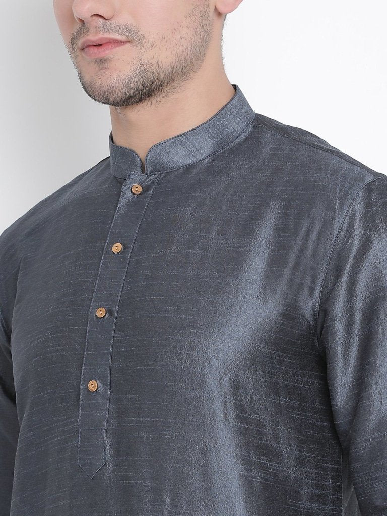 Men's Grey Cotton Silk Blend Kurta and Pyjama Set