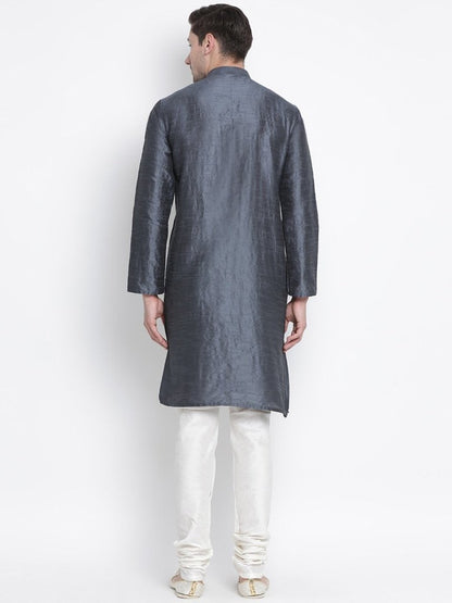Men's Grey Cotton Silk Blend Kurta and Pyjama Set