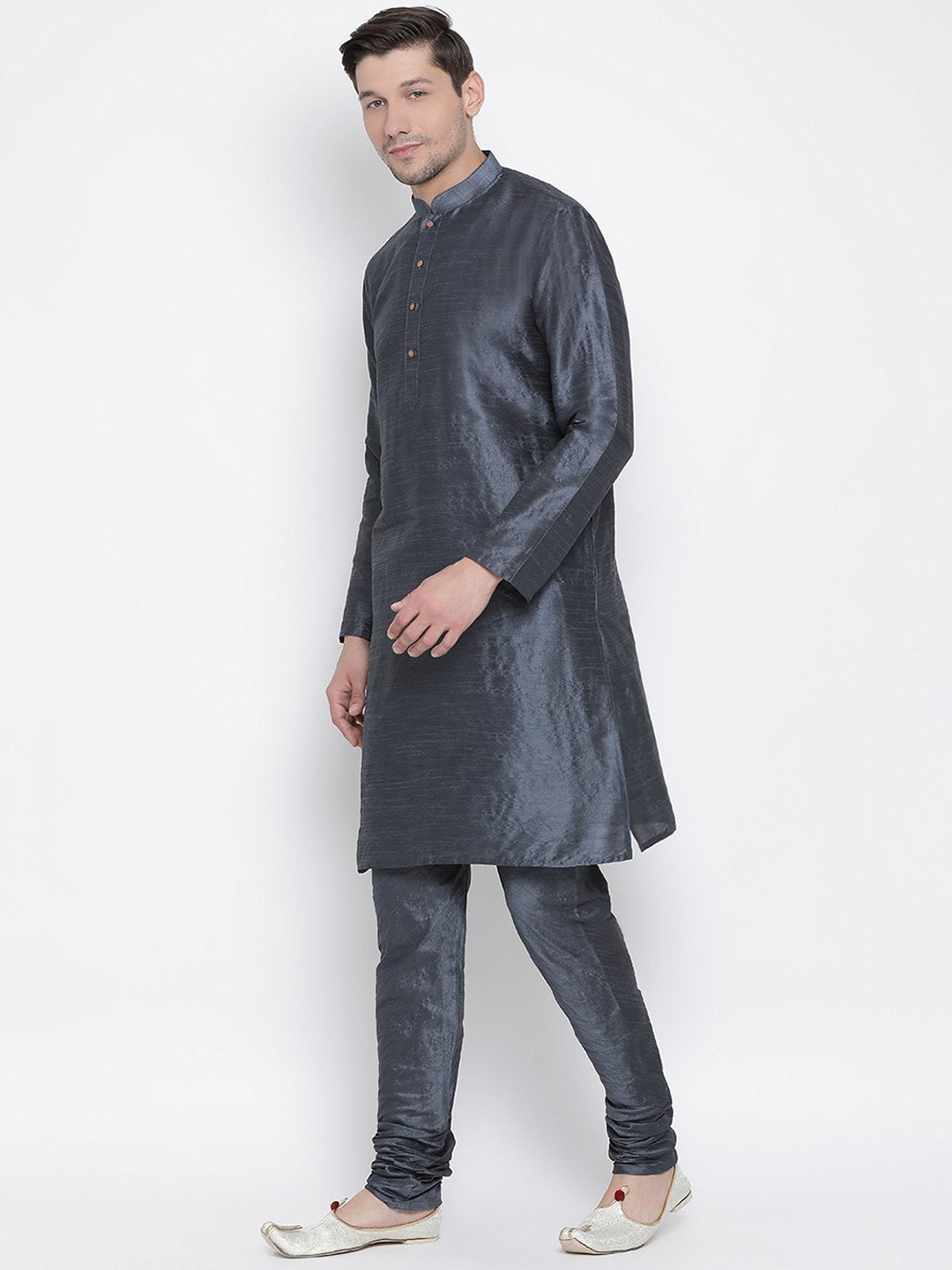 Men's Grey Cotton Silk Blend Kurta and Pyjama Set