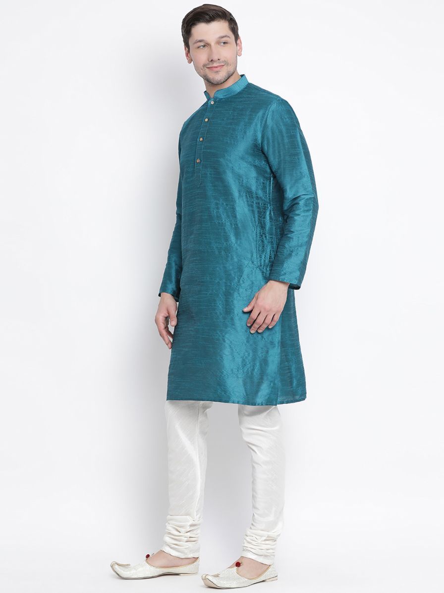 Men's Dark Green Cotton Silk Blend Kurta and Pyjama Set
