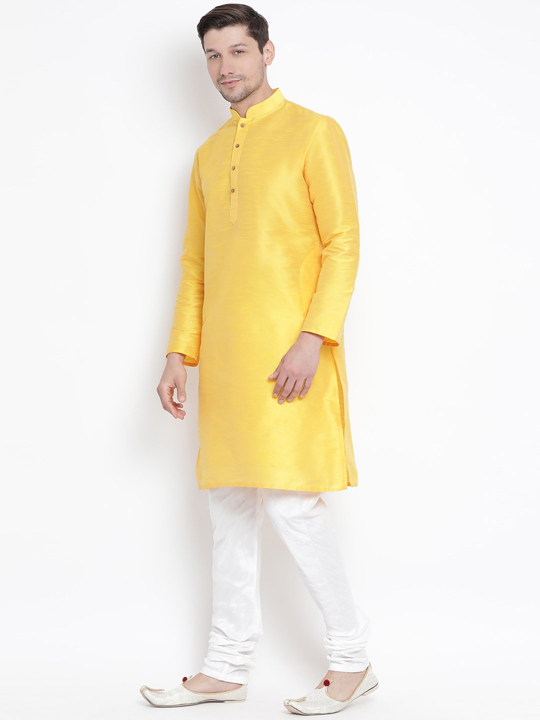 Men's Yellow Cotton Silk Blend Kurta and Pyjama Set