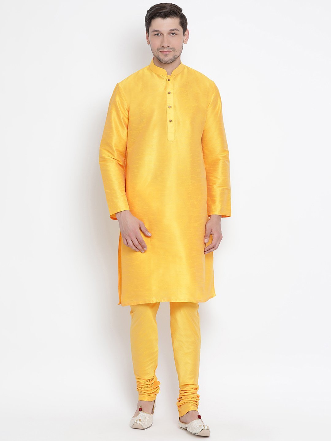 Men's Yellow Cotton Silk Blend Kurta and Pyjama Set