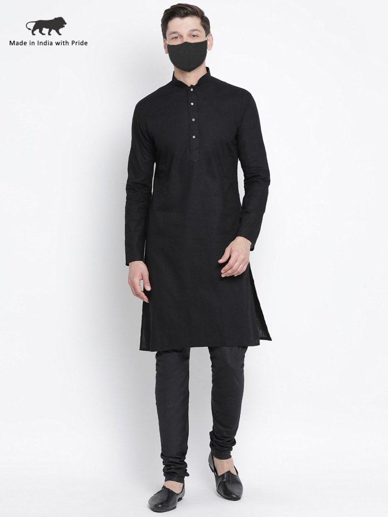 Men's Black Cotton  Kurta and Pyjama Set
