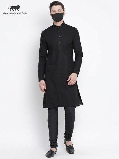 Men's Black Cotton  Kurta and Pyjama Set