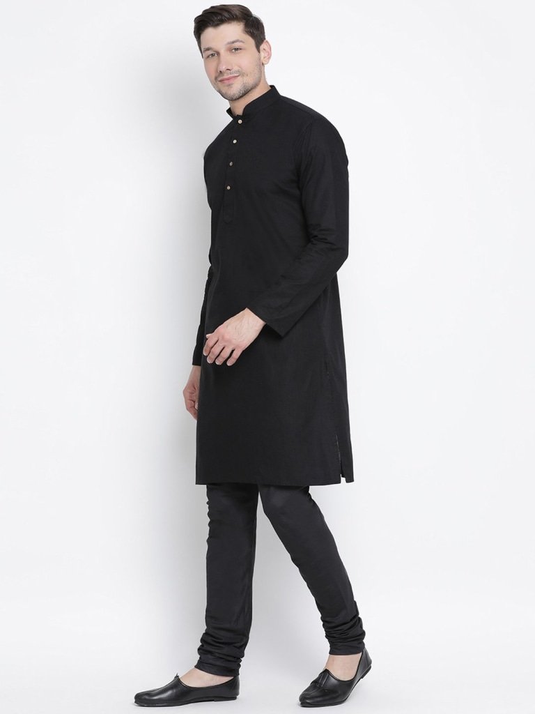 Men's Black Cotton  Kurta and Pyjama Set