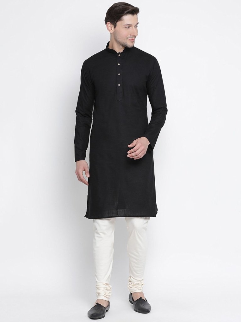 Men's Black Cotton  Kurta and Pyjama Set
