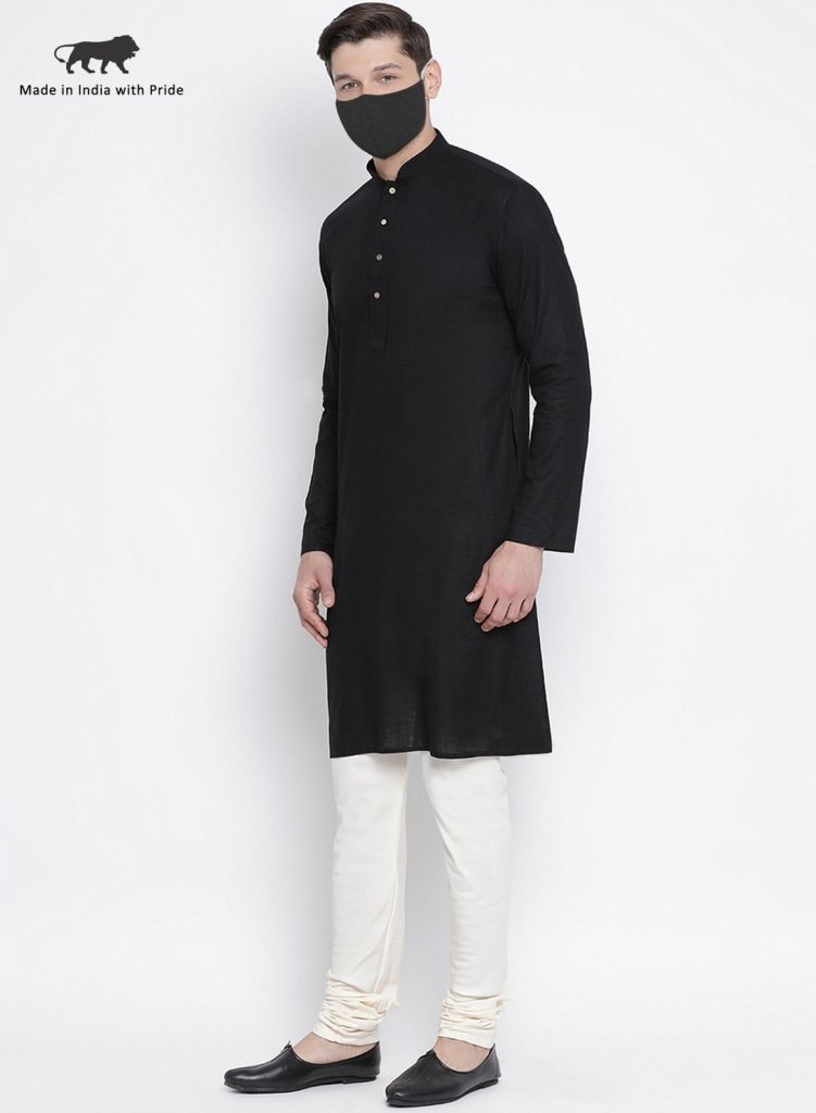 Men's Black Cotton  Kurta and Pyjama Set