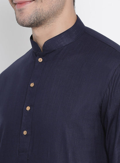 Men's Dark Blue Cotton Kurta and Pyjama Set