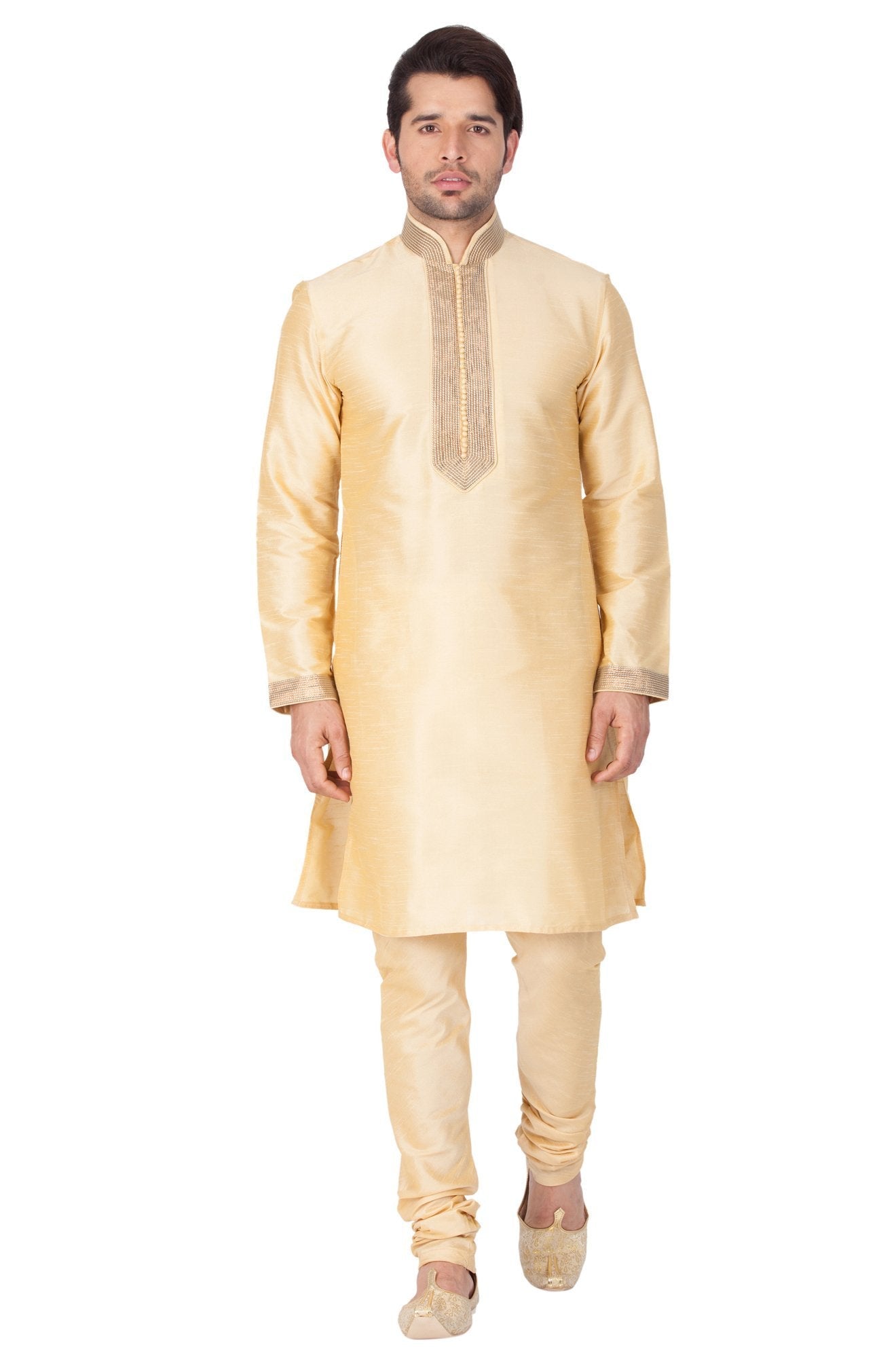 Men's Gold Cotton Silk Blend Kurta and Pyjama Set