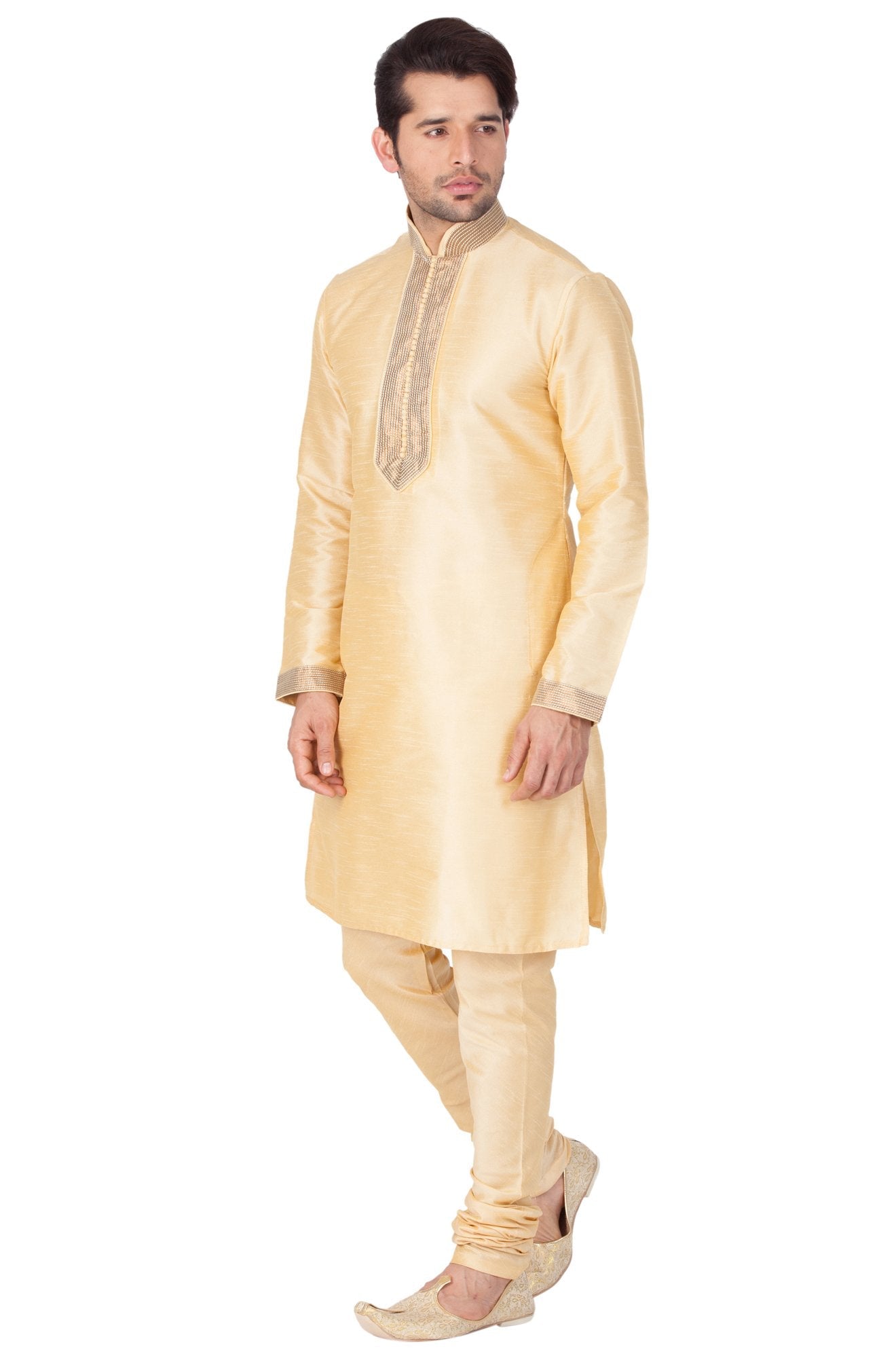 Men's Gold Cotton Silk Blend Kurta and Pyjama Set