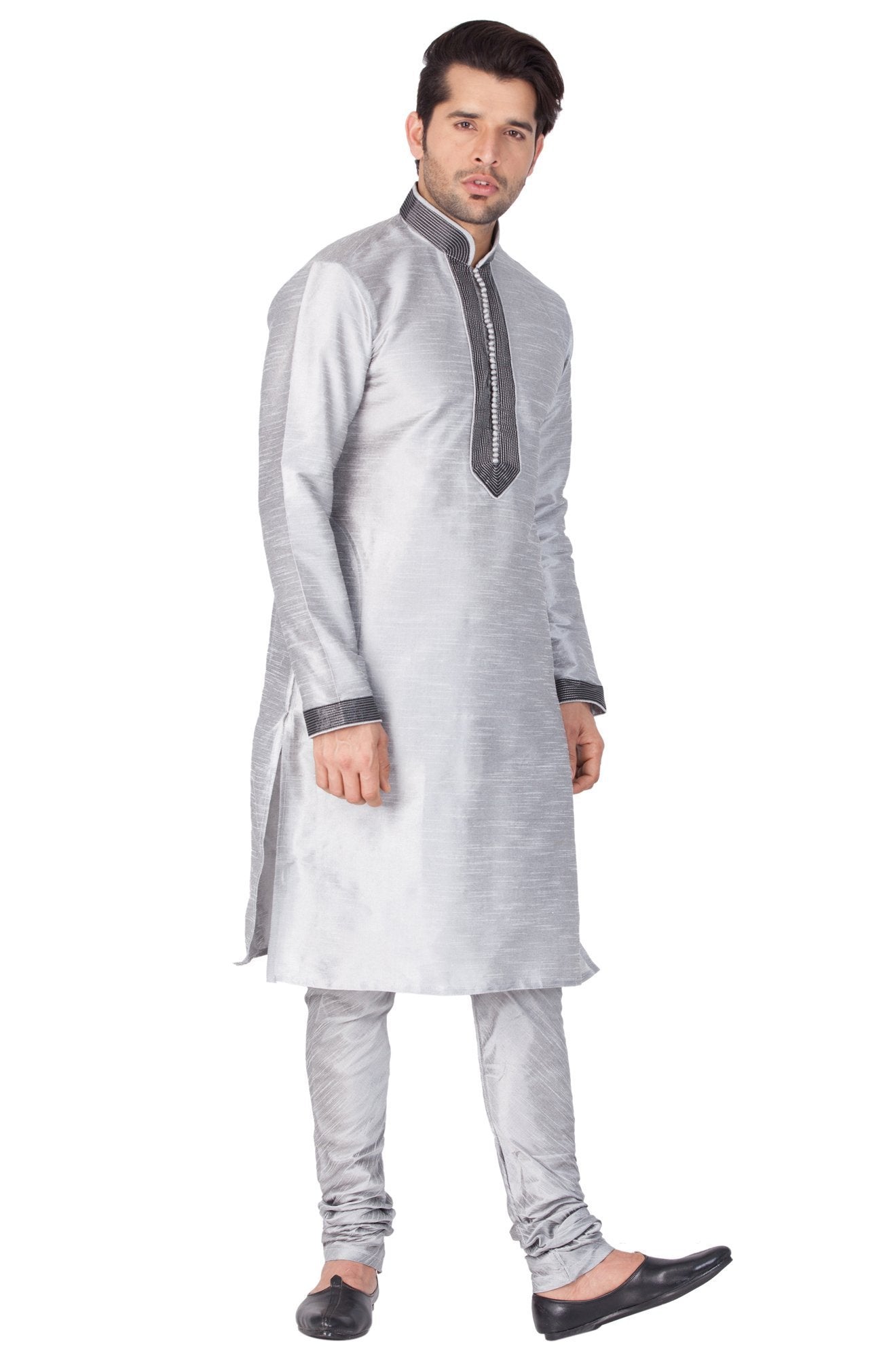 Men's Grey Cotton Silk Blend Kurta and Pyjama Set