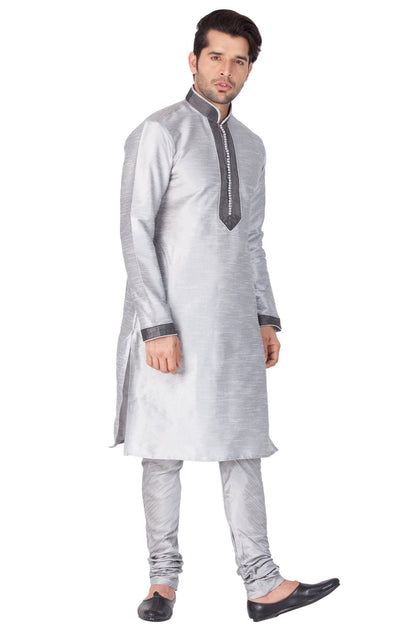 Men's Grey Cotton Silk Blend Kurta and Pyjama Set