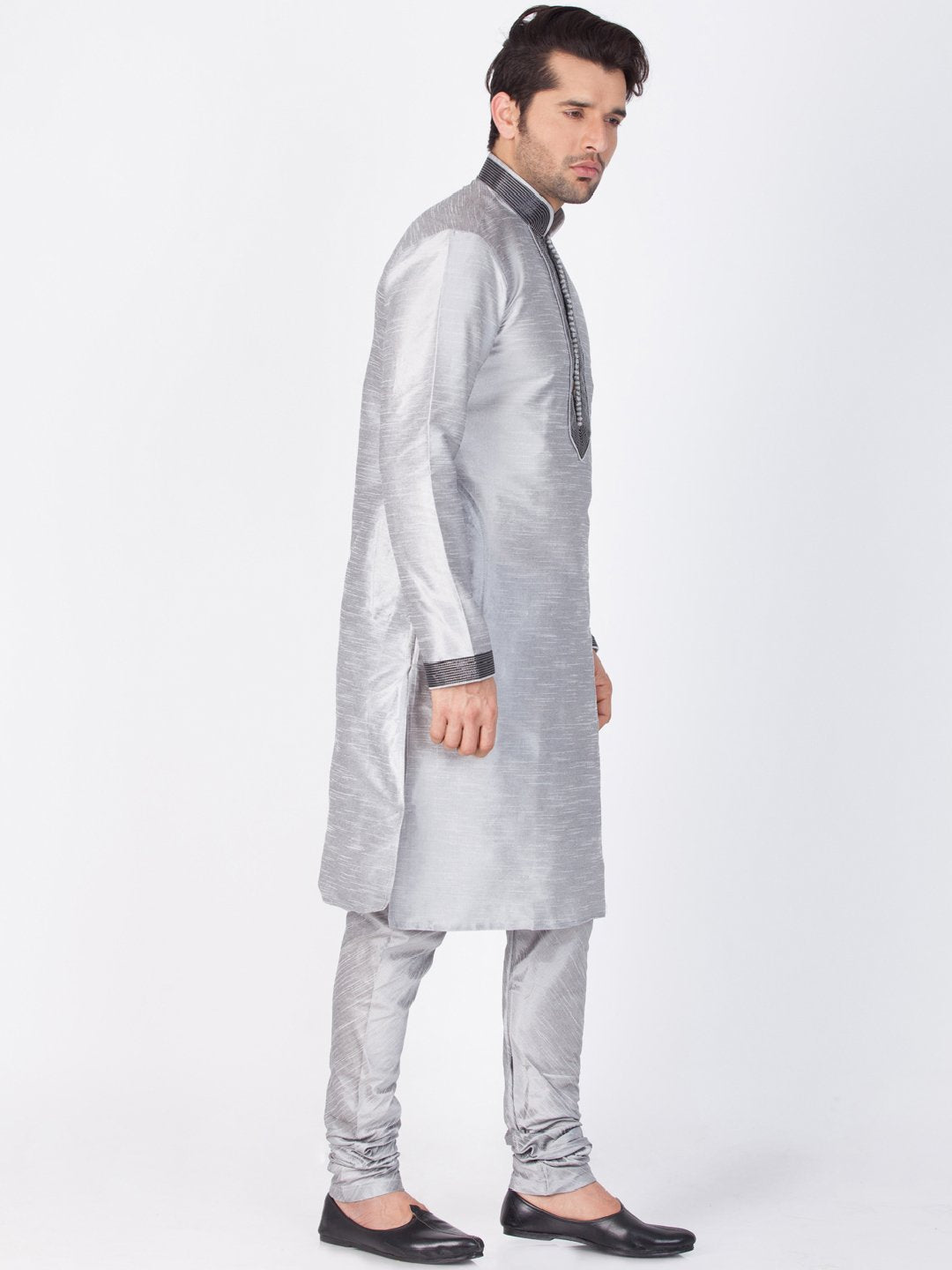 Men's Grey Cotton Silk Blend Kurta and Pyjama Set