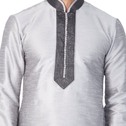 Men's Grey Cotton Silk Blend Kurta and Pyjama Set