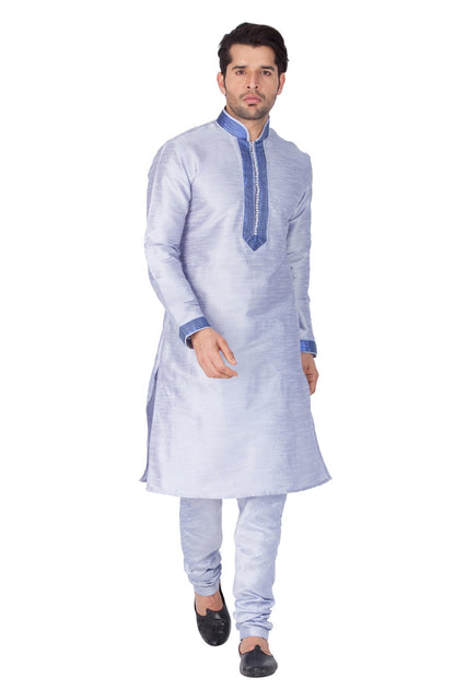 Men's Light Blue Cotton Silk Blend Kurta and Pyjama Set