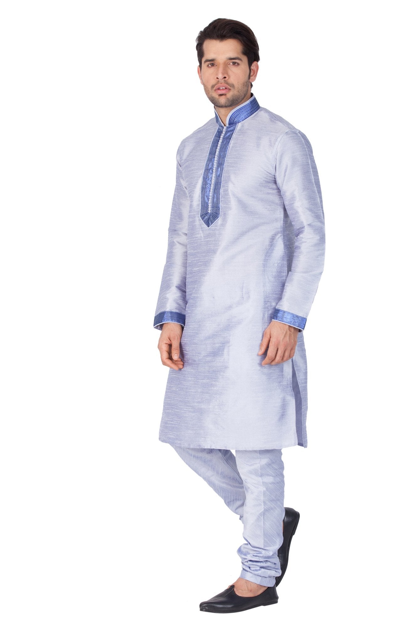 Men's Light Blue Cotton Silk Blend Kurta and Pyjama Set
