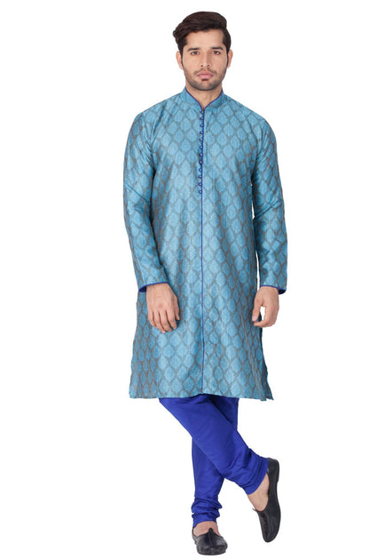 Men's Light Blue Cotton Silk Blend Kurta and Pyjama Set