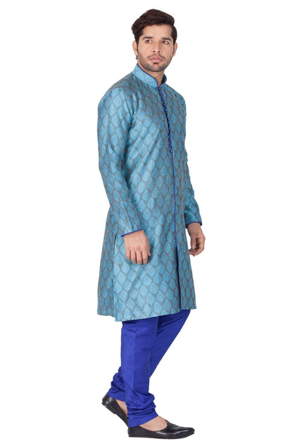 Men's Light Blue Cotton Silk Blend Kurta and Pyjama Set