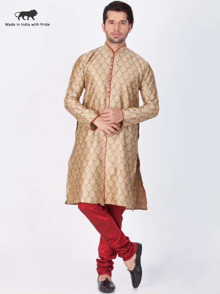 Men's Beige Cotton Silk Blend Kurta and Pyjama Set