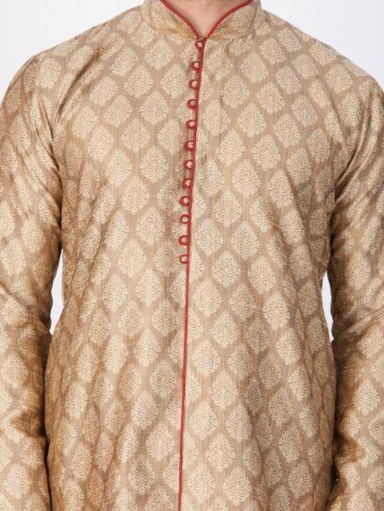 Men's Beige Cotton Silk Blend Kurta and Pyjama Set