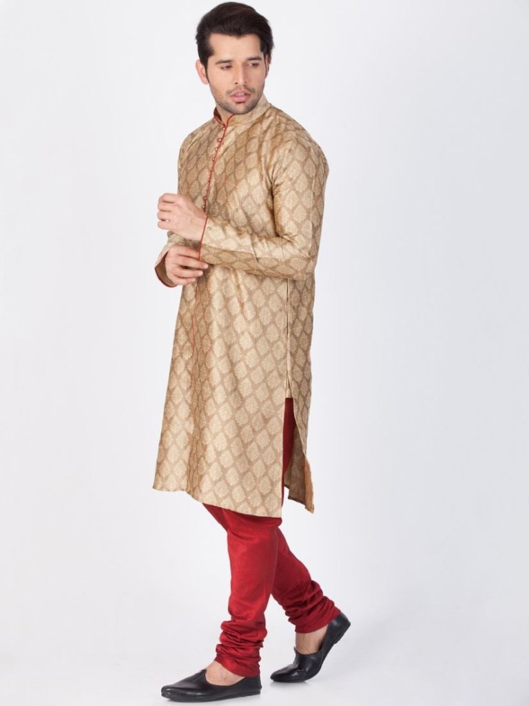 Men's Beige Cotton Silk Blend Kurta and Pyjama Set
