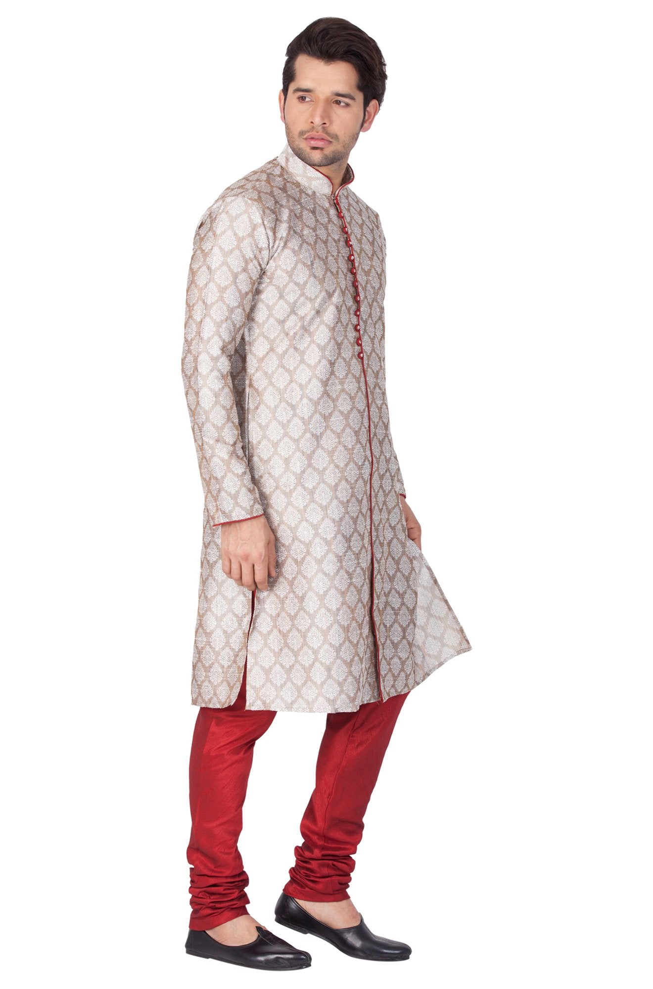 Men's Grey Cotton Silk Blend Kurta and Pyjama Set