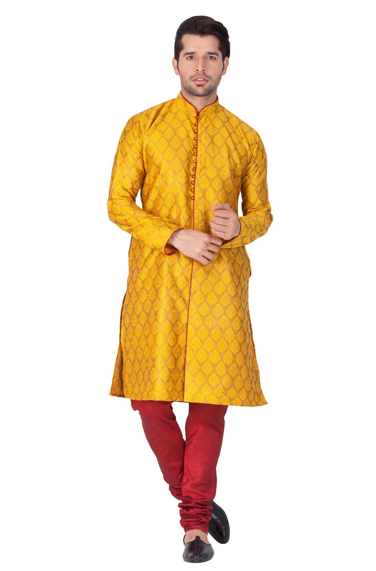 Men's Yellow Cotton Silk Blend Kurta and Pyjama Set