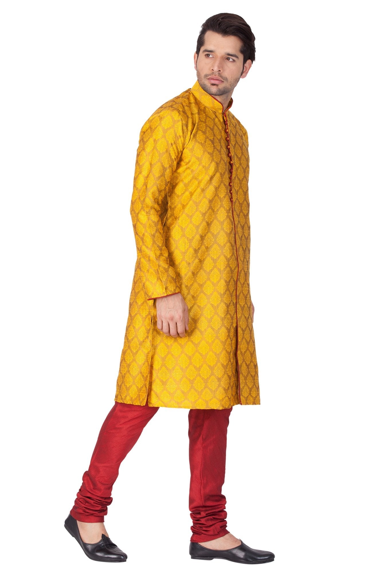 Men's Yellow Cotton Silk Blend Kurta and Pyjama Set