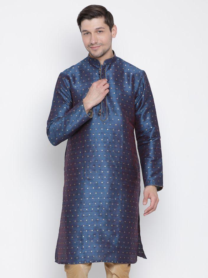 Men's Blue Cotton Silk Blend Kurta
