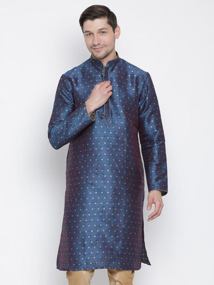 Men's Blue Cotton Silk Blend Kurta