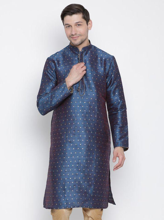 Men's Blue Cotton Silk Blend Kurta