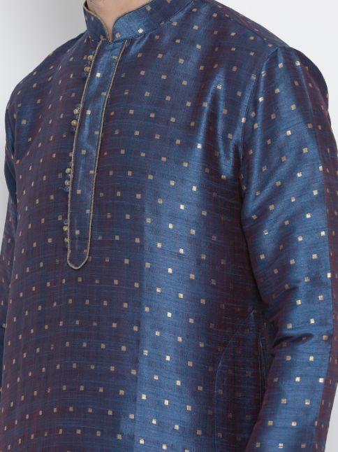 Men's Blue Cotton Silk Blend Kurta