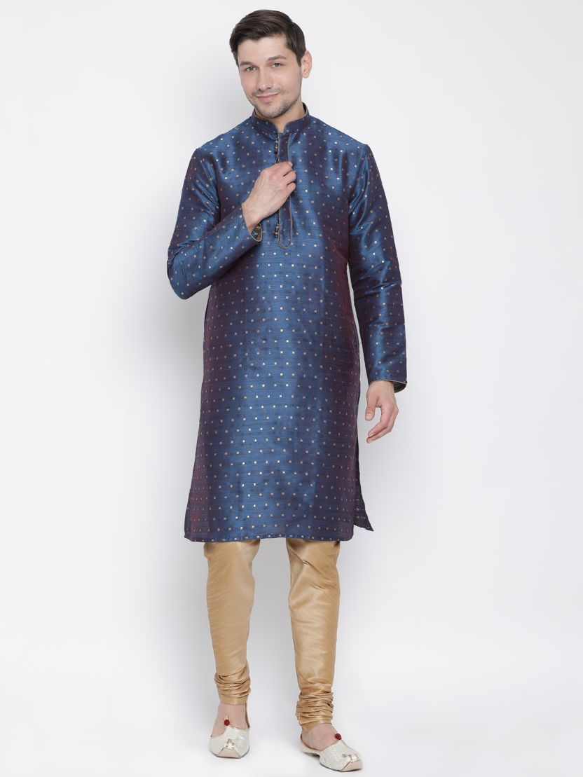 Men's Blue Cotton Silk Blend Kurta