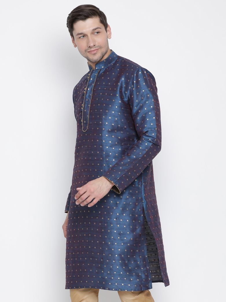 Men's Blue Cotton Silk Blend Kurta