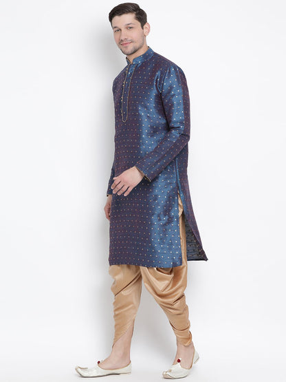 Men's Blue Cotton Silk Blend Kurta and Dhoti Pant Set