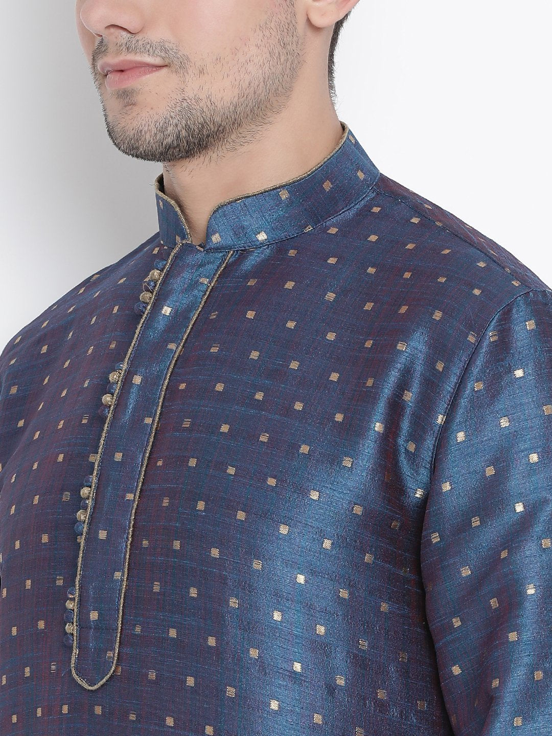 Men's Blue Cotton Silk Blend Kurta and Dhoti Pant Set